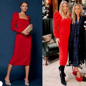 NWT Antonio Melani Elena Crepe Square Neck Long Ruched Sleeve Midi Dress